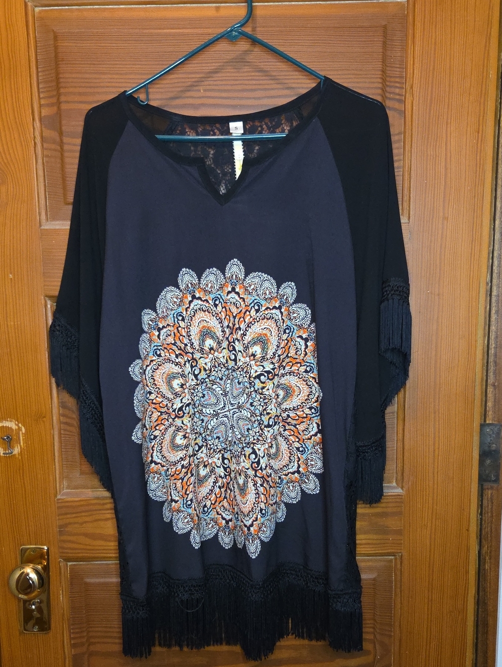 Uncle Frank Black Tunic with STUNNING Orange and Blue Medallion